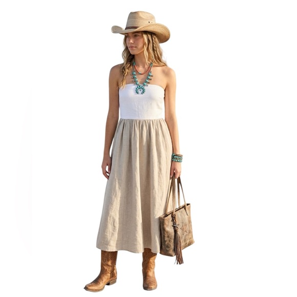 The Drop Women's Cream khaki Hellen Strapless Mixed Media Maxi Dress Medium - Picture 2 of 14